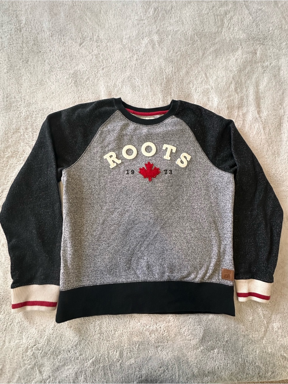 Roots Grey Crewneck Sweatshirt with Black Sleeves and Red Maple